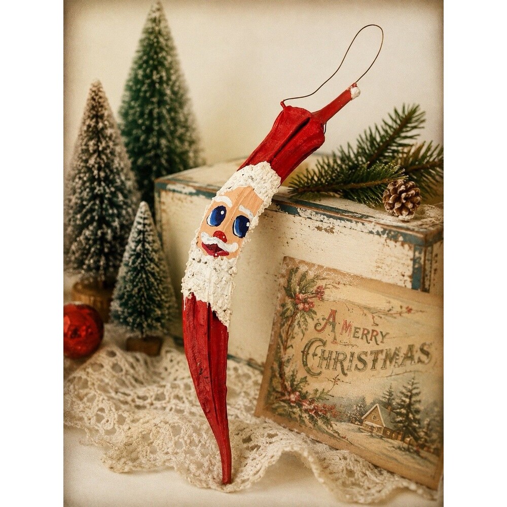 Vintage Handmade Dried Okra Pod Santa Folk Art Christmas Ornament Red Rustic